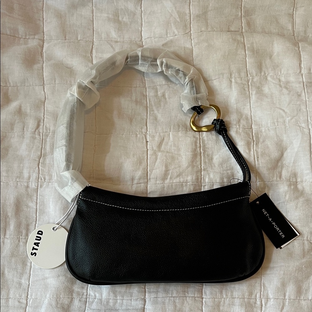 STAUD Black Leather Shoulder Bag with Gold Accent